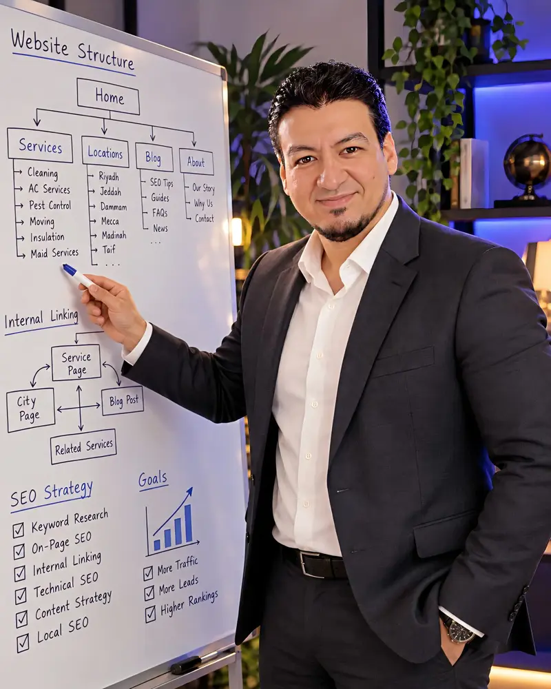 Muhammad explaining a site structure on a whiteboard