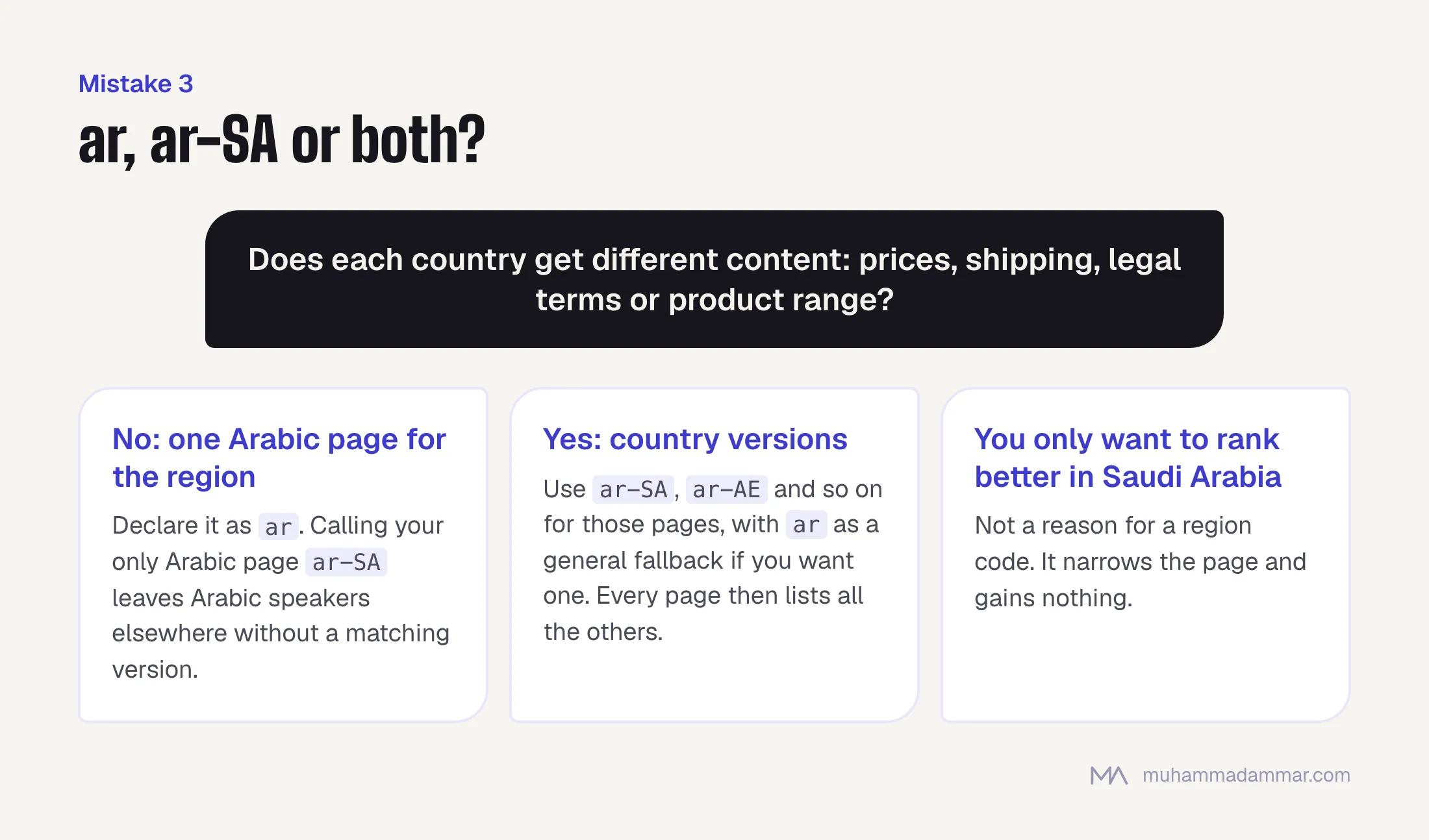 Decision tree: use ar when one Arabic page serves the region, country codes like ar-SA only when countries get different content, and never a region code just to rank in one country.