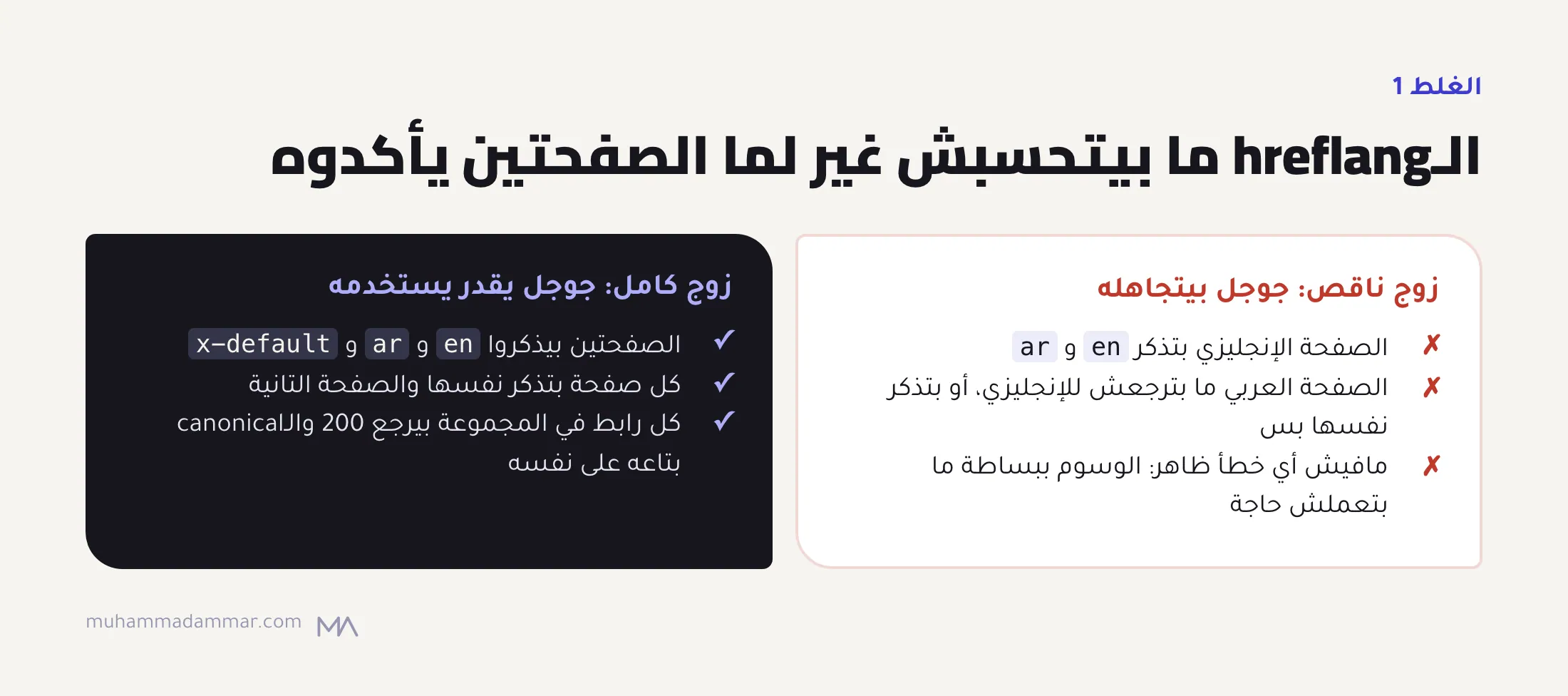 مقارنة بين زوج hreflang ناقص، الصفحة العربي فيه ما بترجعش للإنجليزي، وزوج كامل الصفحتين فيه بيذكروا en و ar و x-default ومنهم نفسهم.