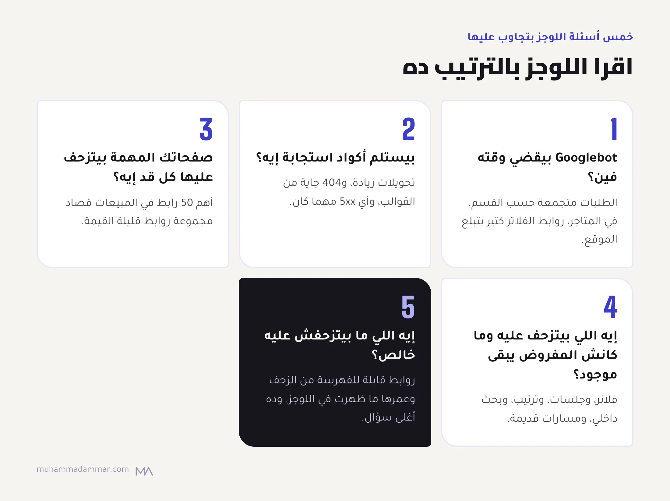 خمس أسئلة مرقّمة لتحليل اللوجز: Googlebot بيقضي وقته فين، وبيستلم أكواد إيه، وصفحاتك المهمة بيتزحف عليها كل قد إيه، وإيه اللي بيتزحف عليه من غير لازمة، وإيه اللي ما بيتزحفش عليه خالص، وده الأهم.