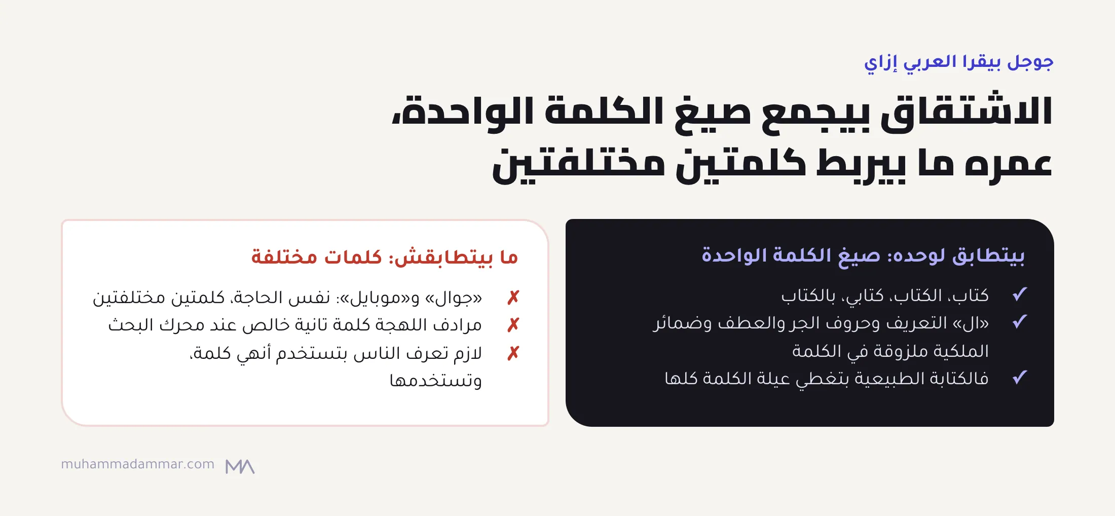 لوحتين: الاشتقاق بيطابق صيغ الكلمة العربية الواحدة زي كتاب والكتاب وكتابي، لكنه ما بيربطش كلمتين مختلفتين زي جوال وموبايل.