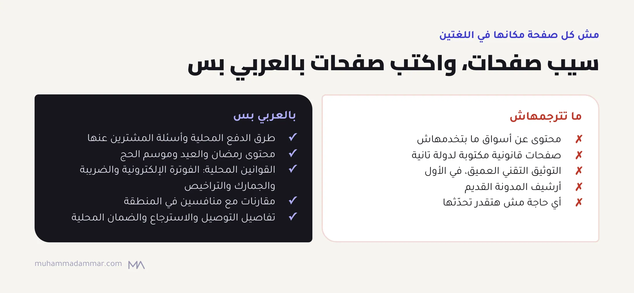صفحات ما تترجمهاش (أسواق مش بتخدمها، وصفحات قانونية لدولة تانية، وتوثيق تقني عميق في الأول، وأرشيف قديم، وأي حاجة مش هتحدّثها) وصفحات لازم تبقى بالعربي بس (طرق دفع محلية، ومحتوى رمضان والعيد، وقوانين محلية، ومقارنات إقليمية، وتوصيل واسترجاع محلي).