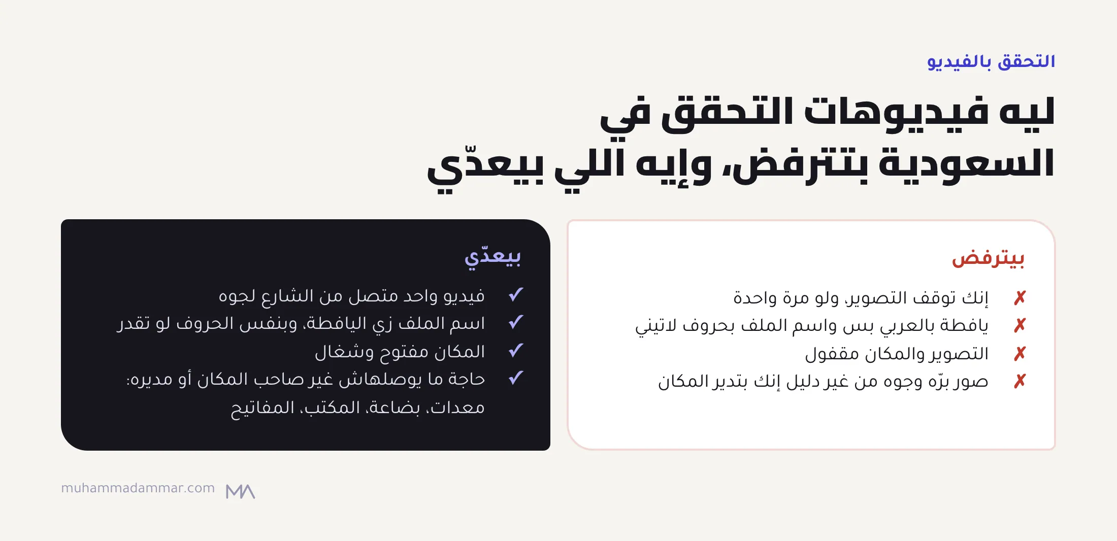 قايمتين للتحقق بالفيديو في ملف النشاط التجاري على جوجل في السعودية: التصوير المتقطع واختلاف اسم اليافطة عن الملف والتصوير والمكان مقفول وغياب دليل الإدارة بيترفضوا، والفيديو المتصل والاسم المطابق والمكان الشغال ودليل الإدارة بيعدّوا.