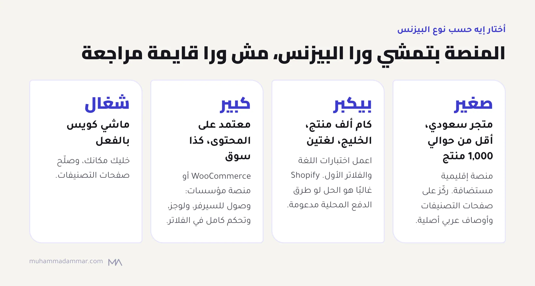 اختيار المنصة حسب نوع البيزنس: منصة إقليمية مستضافة للمتاجر السعودية الصغيرة، واختبار اللغة والفلاتر (وغالبًا Shopify) للمتاجر الخليجية اللي بتكبر، و WooCommerce أو منصة مؤسسات للكتالوجات الكبيرة، والبقاء للمتاجر الماشية كويس.