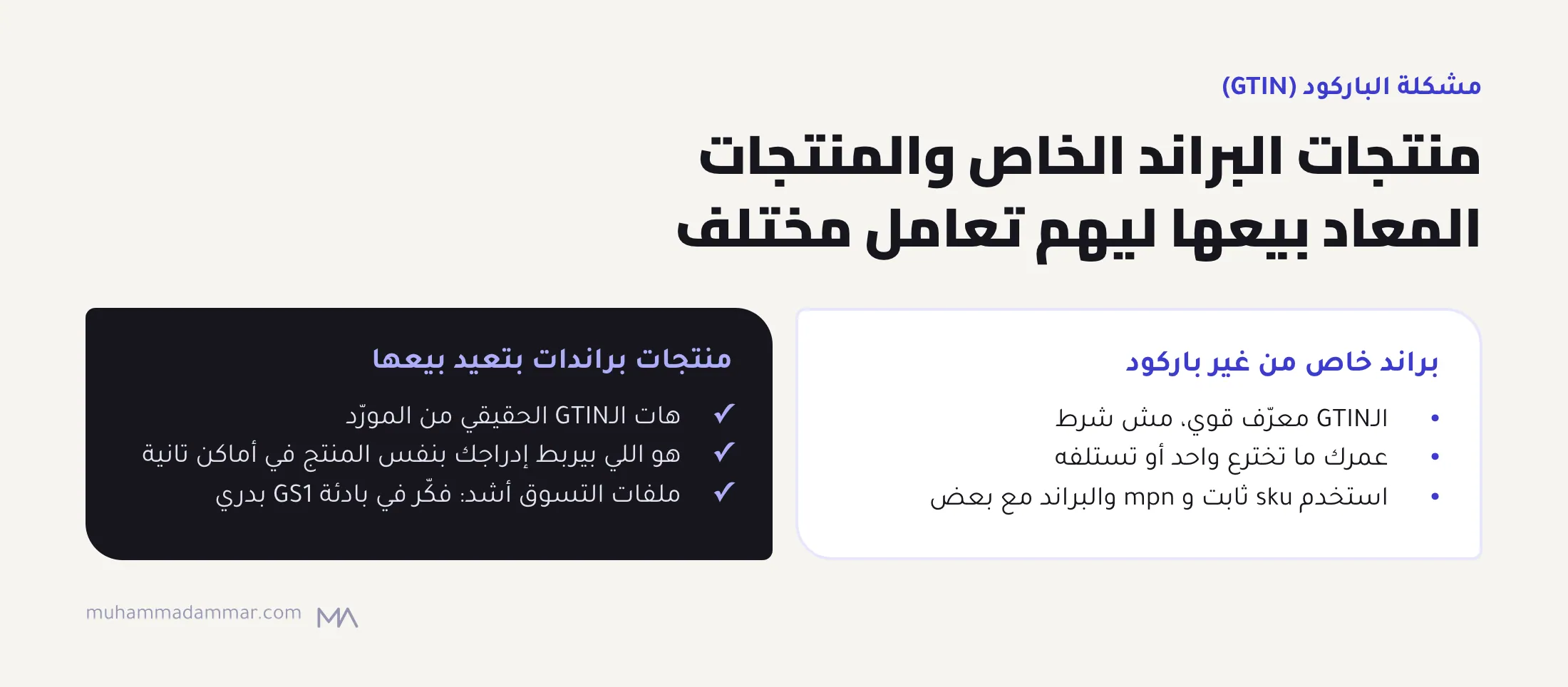 منتجات البراند الخاص اللي مالهاش باركود تستخدم sku و mpn والبراند وعمرها ما تخترع GTIN، والمنتجات المعاد بيعها تحط الـGTIN الحقيقي من المورّد، وملفات التسوق قواعدها أشد.