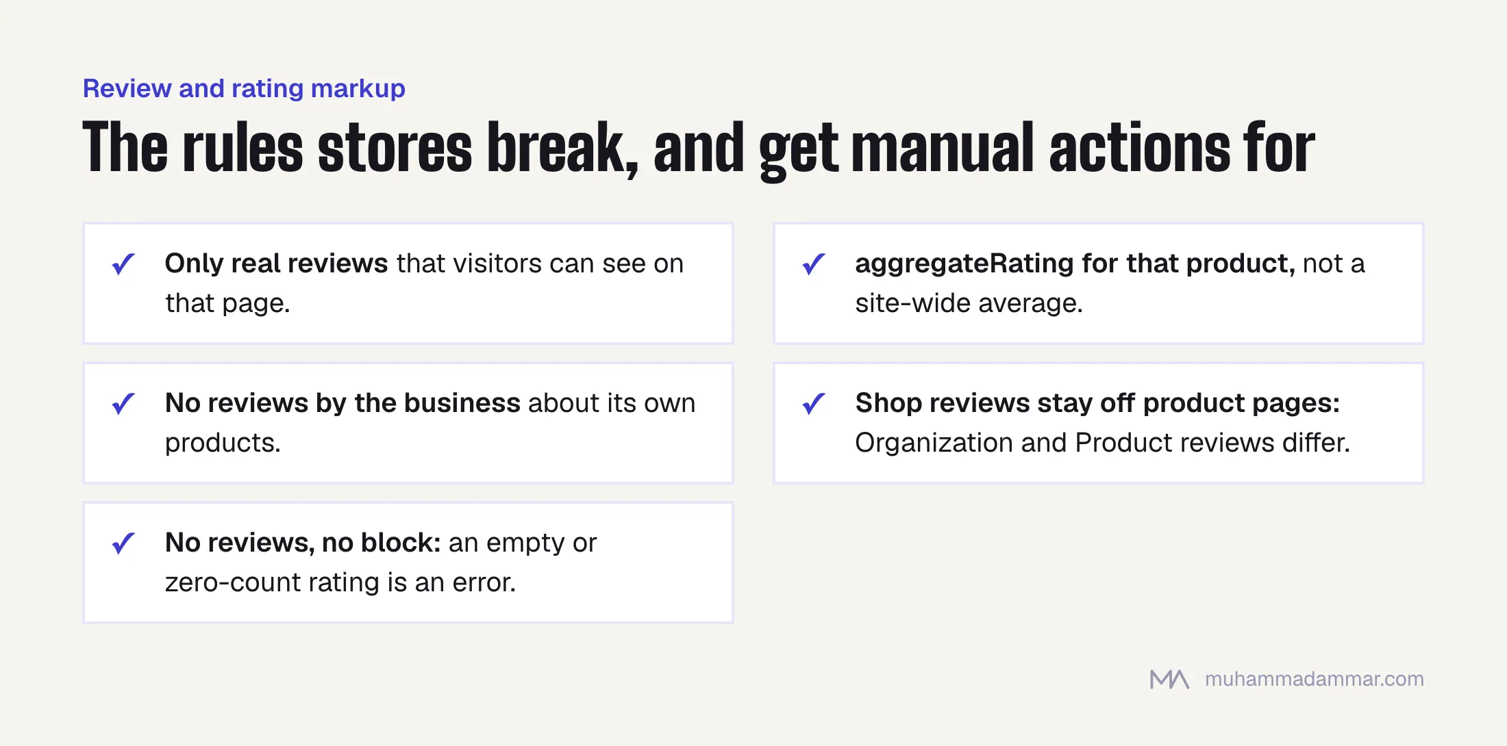Five rules for product review markup: mark up only visible real reviews, rate that product only, no self-written reviews, keep shop reviews off product pages, and omit the rating block when there are no reviews.