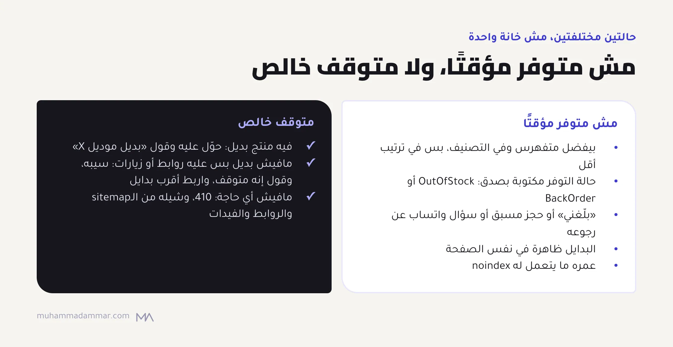 المنتجات اللي مش متوفرة مؤقتًا بتفضل متفهرسة بتوفر صادق وخيارات رجوع وبدايل، والمنتجات المتوقفة بتتحول لبديل، أو بتفضل موجودة كمتوقفة لو عليها روابط أو زيارات، أو بترجع 410.