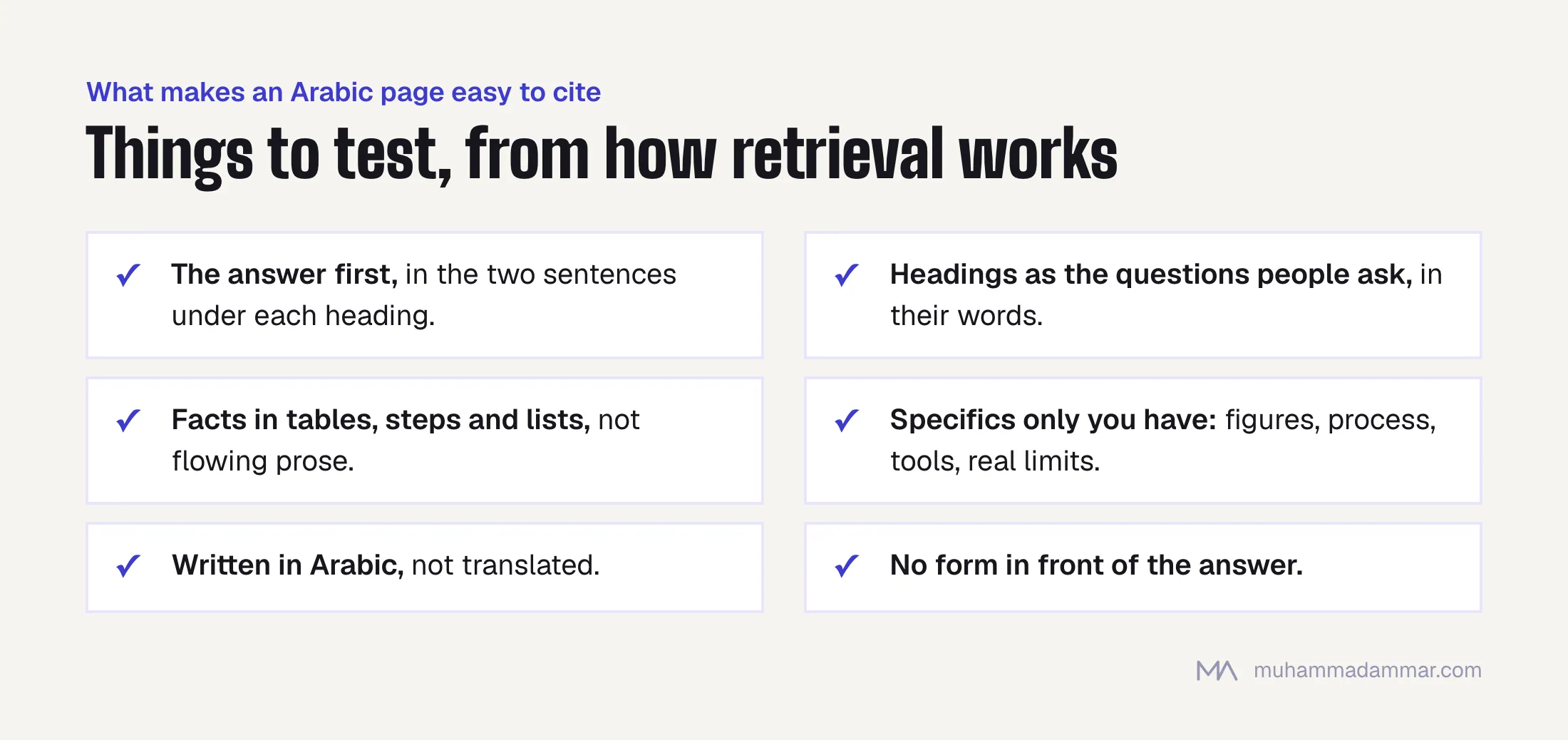 Six things to test on Arabic pages for AI citation: lead with the answer, use question headings, structure facts in tables and lists, include unique specifics, write in Arabic, and don't gate the content.