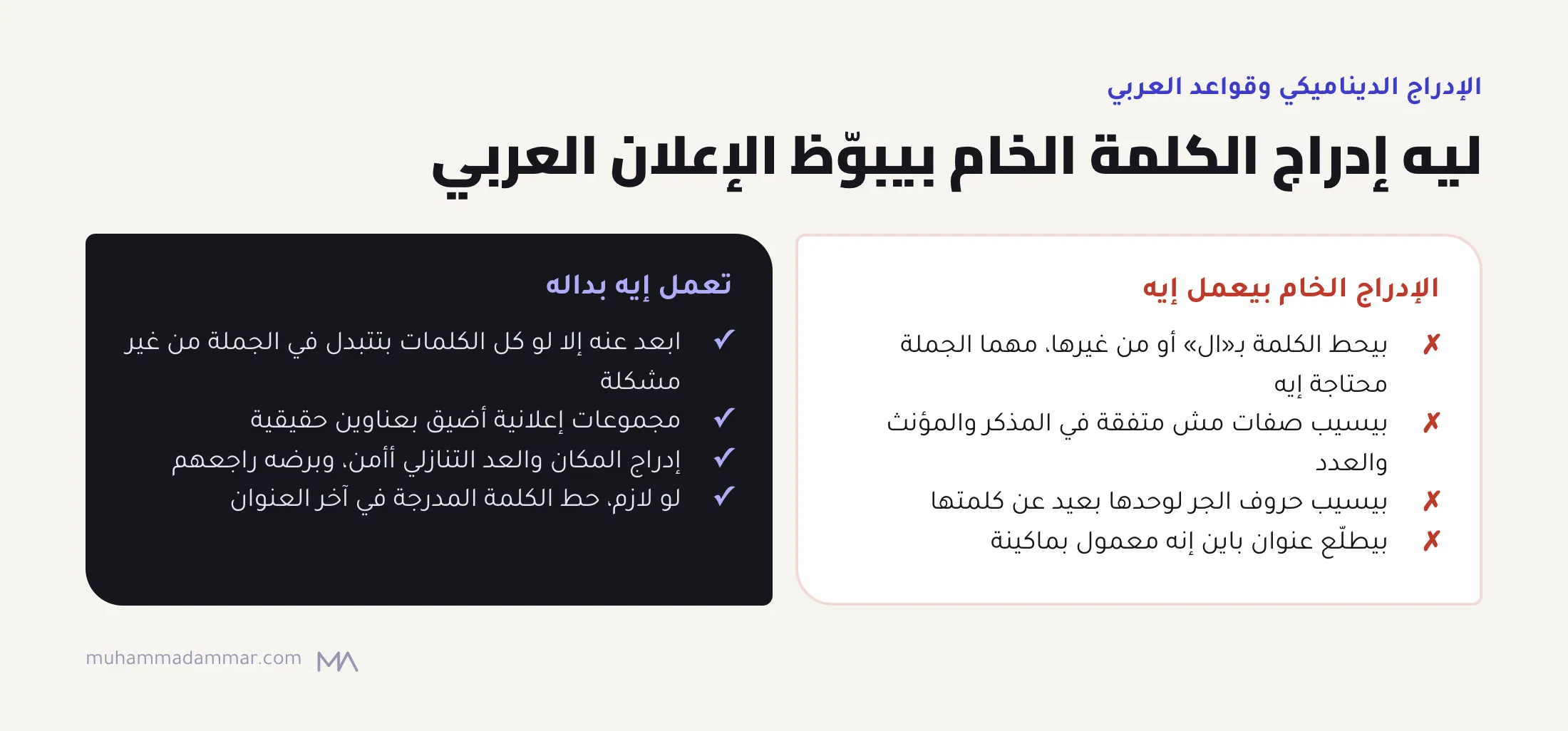 إدراج الكلمة الخام في العربي بيتجاهل «ال» واتفاق الصفة وحروف الجر الملزوقة وبيطلّع عناوين باينة إنها معمولة بماكينة، والحل إنك تبعد عنه، أو تعمل مجموعات أضيق، أو تستخدم إدراج المكان والعد التنازلي، أو تحط الكلمة في الآخر.