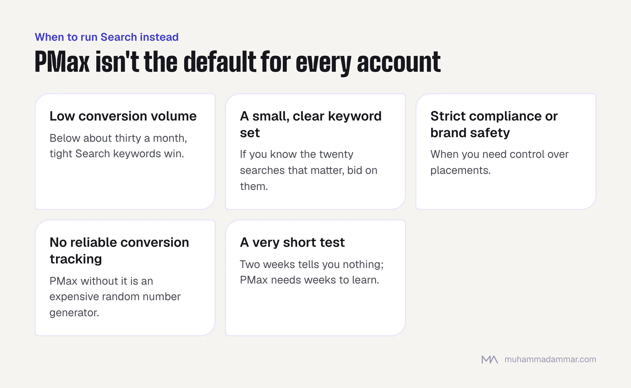 Five cases for Search instead of Performance Max: low conversion volume, a small known keyword set, strict compliance needs, no reliable conversion tracking, and very short tests.