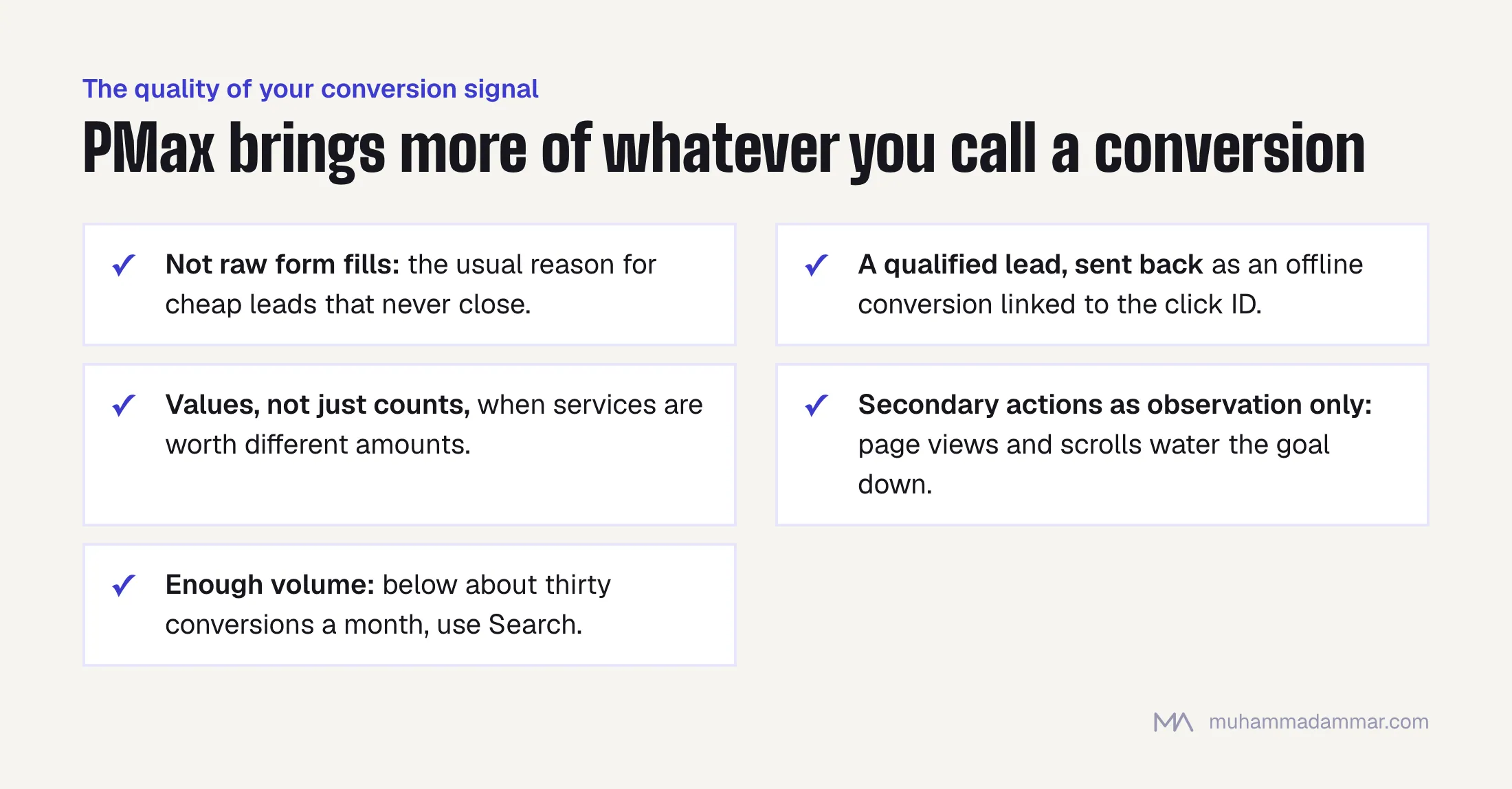 Five rules for the Performance Max conversion signal: don't optimise on raw form fills, send back qualified leads as offline conversions, use values, keep secondary actions as observation only, and run Search below about thirty conversions a month.
