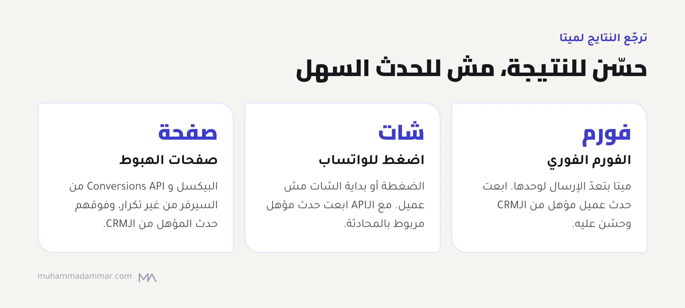 تلات كروت عن اللي ترجّعه لميتا: حدث عميل مؤهل من الـCRM للفورم الفوري، وحدث مؤهل مربوط بمحادثة الواتساب عن طريق الـAPI، والبيكسل مع Conversions API وحدث المؤهل لصفحات الهبوط.
