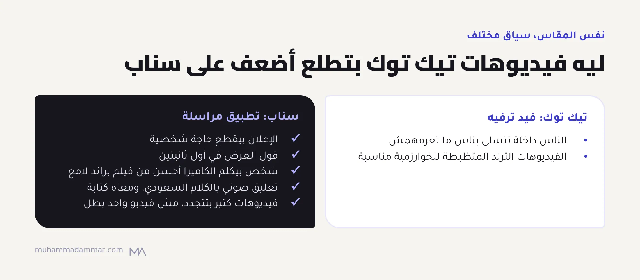 تيك توك فيد ترفيه مناسب للفيديوهات الترند المتظبطة، وسناب تطبيق مراسلة الإعلان فيه لازم يبقى مباشر وشخصي وبصوت سعودي ومكتوب ويتجدد كتير.