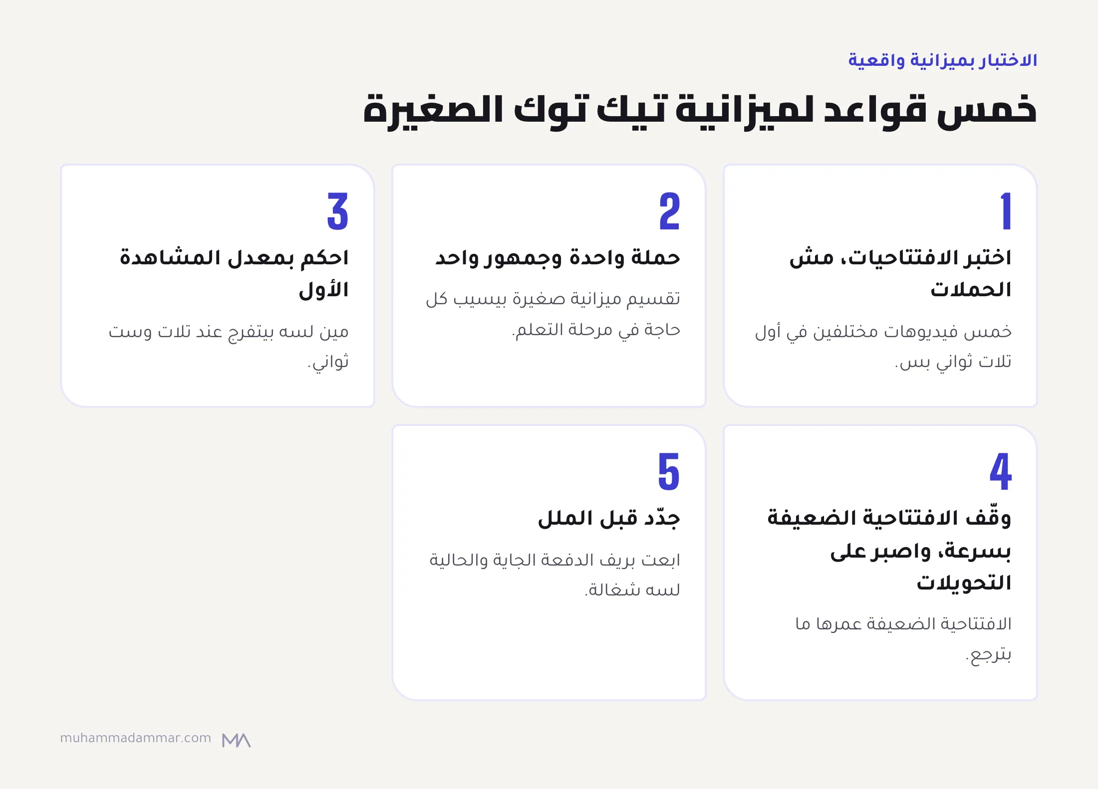خمس قواعد لاختبار إعلانات تيك توك بميزانية متواضعة: اختبر الافتتاحيات، وخليها حملة وجمهور واحد، واحكم بمعدل المشاهدة الأول، ووقّف الافتتاحية الضعيفة بسرعة، وجدّد قبل الملل.