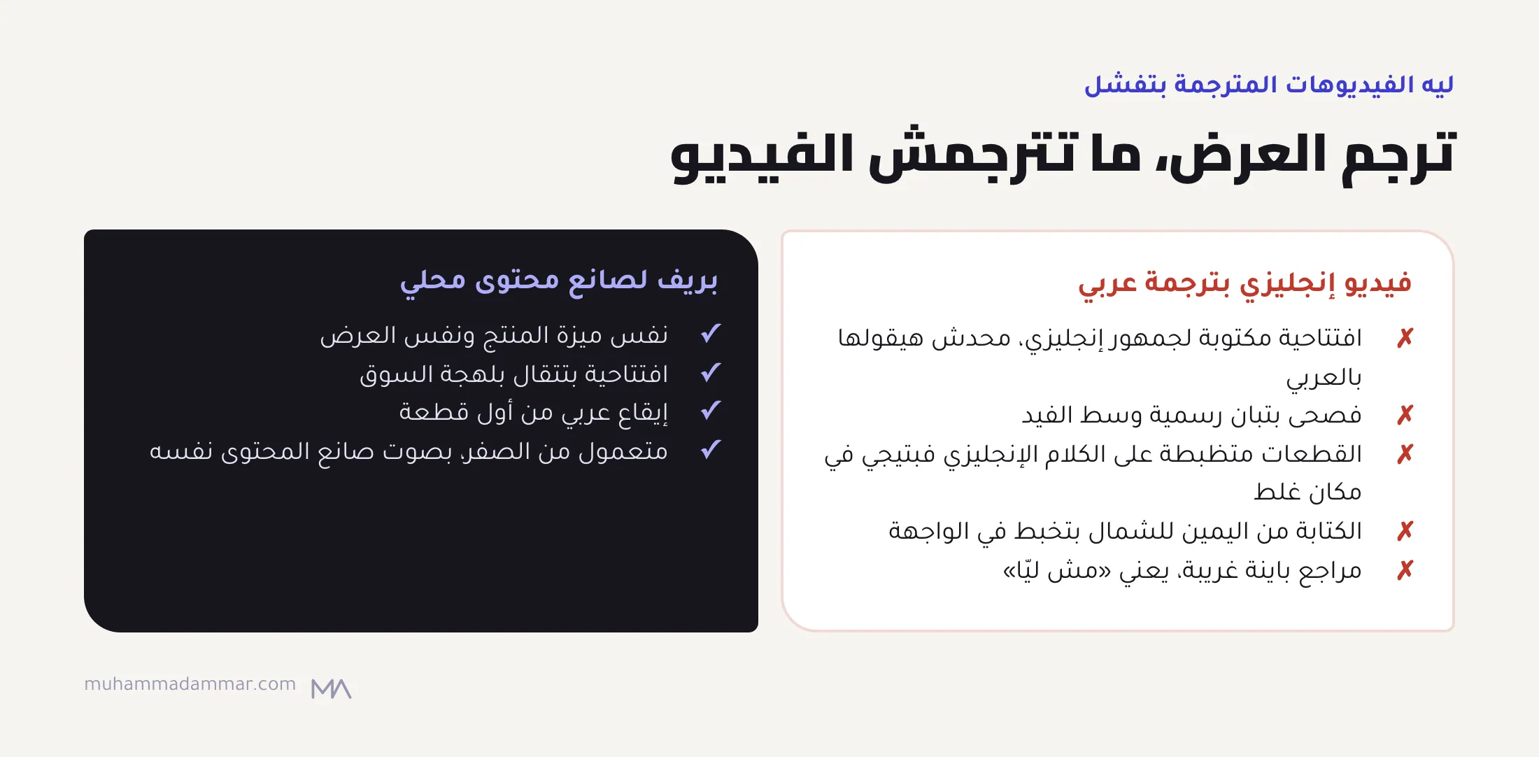 فيديوهات تيك توك المترجمة بتفشل بسبب الافتتاحية المكتوبة والفصحى والقطعات الغلط والكتابة المعكوسة والمراجع الغريبة، والبريف لصانع محتوى محلي بنفس العرض بيطلّع افتتاحية باللهجة وإيقاع عربي وصوت طبيعي.