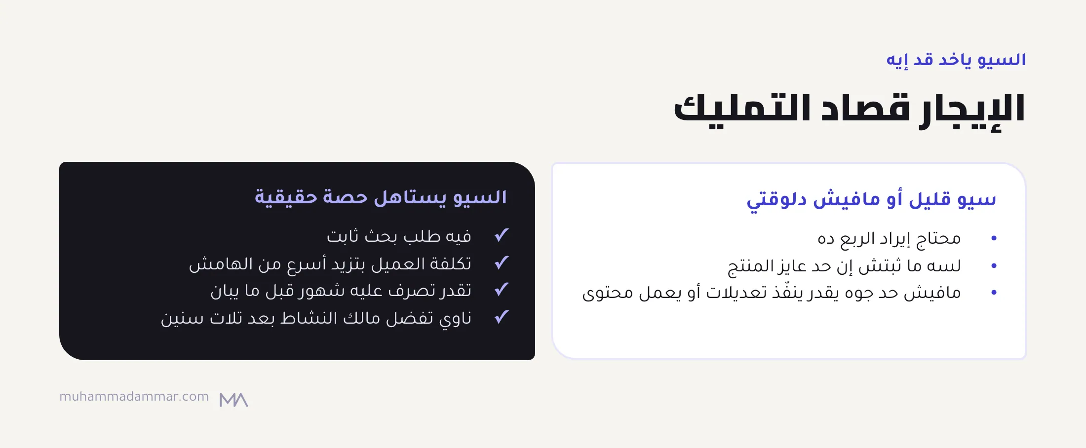 إمتى السيو ياخد ميزانية قليلة (محتاج إيراد الربع ده، والمنتج لسه ما ثبتش، ومافيش حد ينفّذ) وإمتى ياخد حصة حقيقية (طلب ثابت، وتكلفة عميل بتزيد، وصبر، وملكية طويلة).
