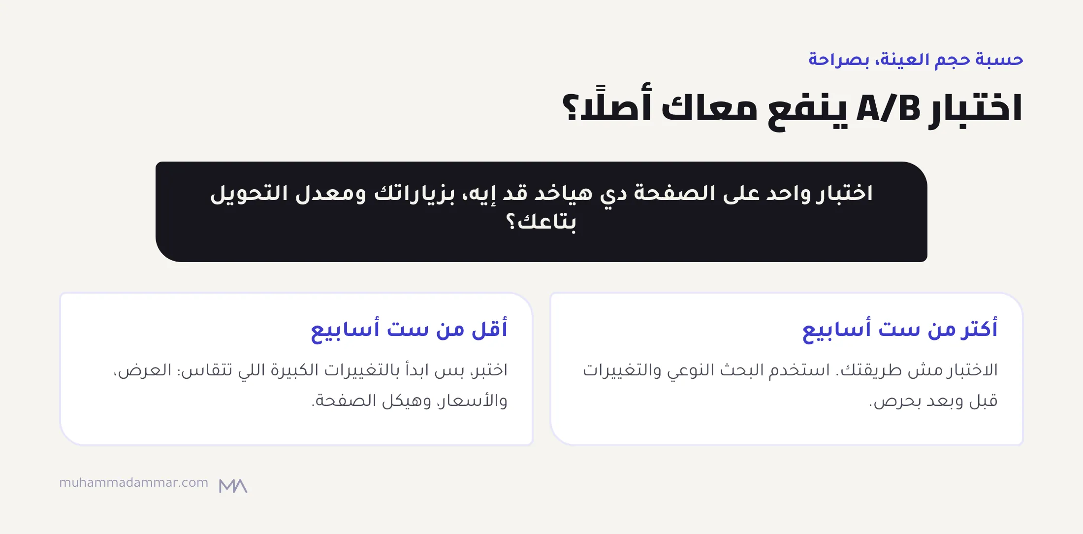 قرار: لو اختبار A/B واحد هياخد أكتر من ست أسابيع، استخدم الطرق النوعية وتغييرات قبل وبعد، ولو أقل، اختبر التغييرات الكبيرة بس زي العرض والأسعار والهيكل.