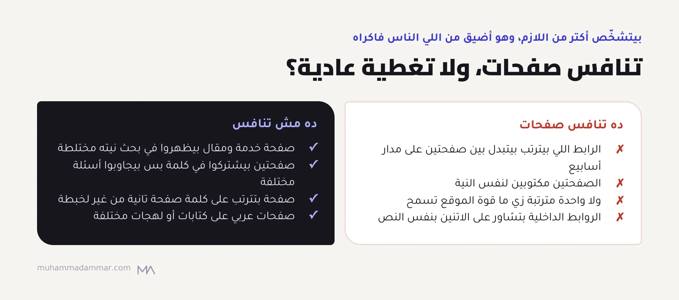 علامات تنافس الصفحات الحقيقي (روابط بتتبادل، ونفس النية، والاتنين أضعف من المتوقع، ونفس نص الرابط الداخلي) قصاد الإنذارات الكاذبة (تغطية لنية مختلطة، وأسئلة مختلفة، وتداخل مش مؤذي، وكتابات عربي مختلفة).