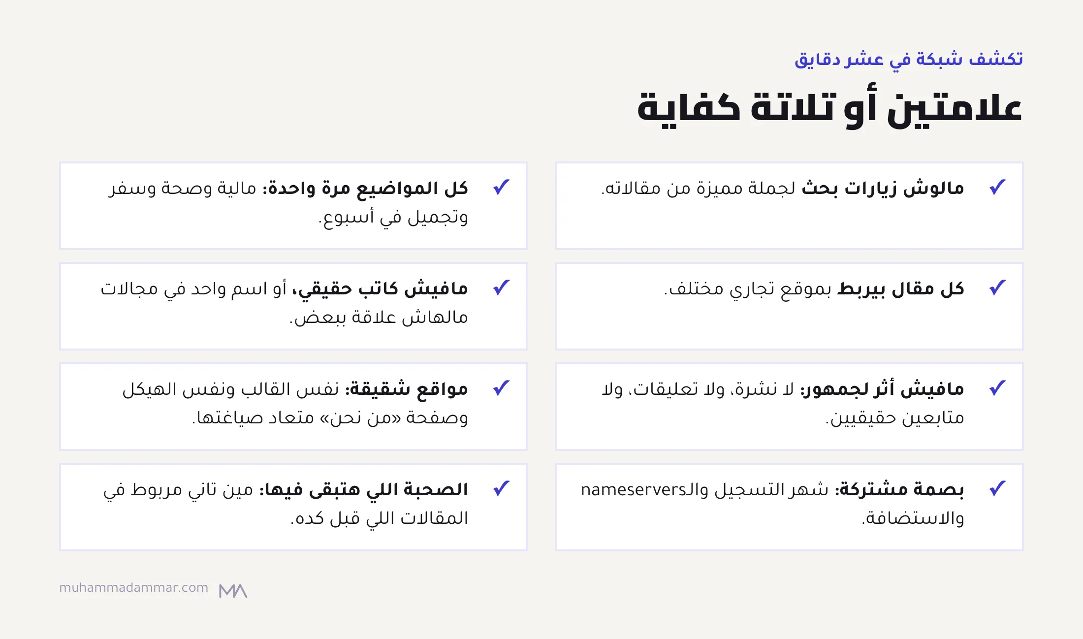 تمن علامات إن الموقع جزء من شبكة روابط: مالوش زيارات بحث، ومواضيع مالهاش علاقة ببعض، وروابط تجارية في كل مقال، ومافيش كاتب حقيقي، ومافيش جمهور، ومواقع شقيقة شبه بعض، وبصمة تقنية مشتركة، وصحبة وحشة في المقالات القديمة.