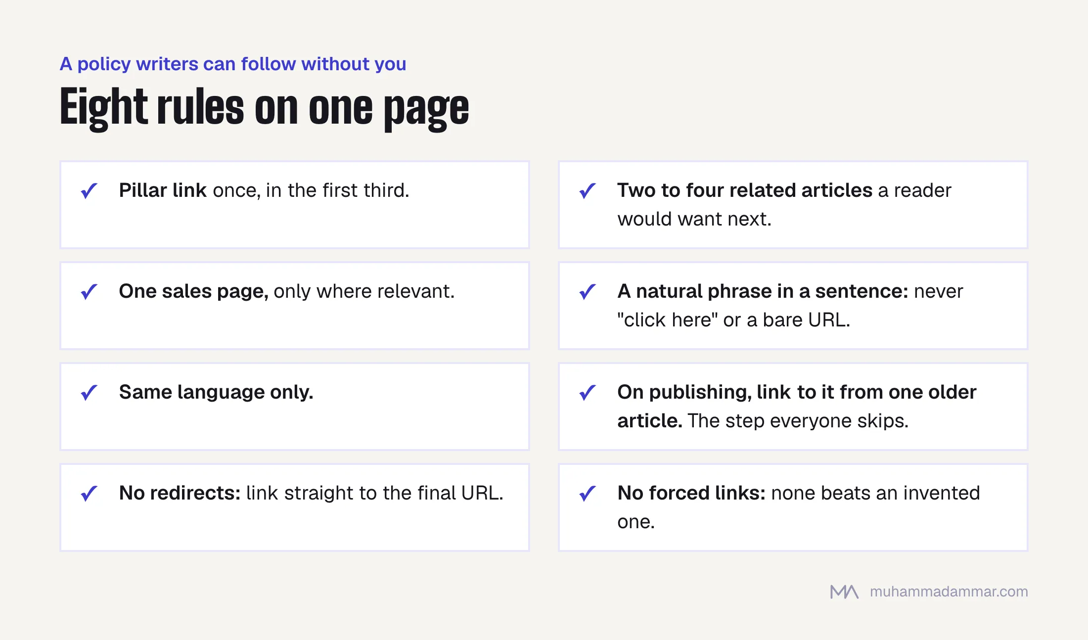 Eight internal linking rules for writers: link the pillar once early, two to four related articles, one relevant sales page, natural phrases, same language only, add a link from an older article on publishing, no redirecting links, and no forced links.