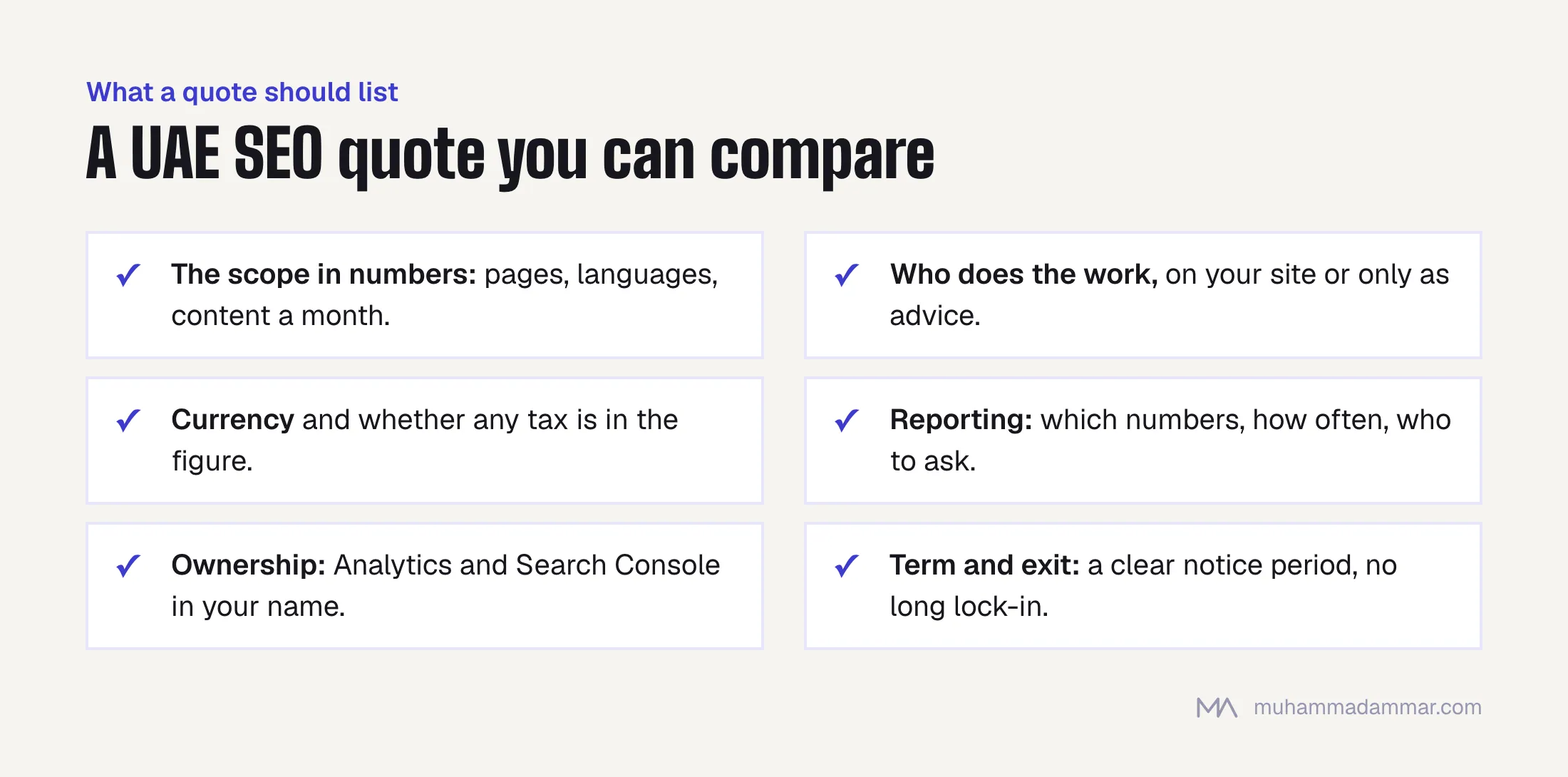 Checklist for an SEO quote in the UAE: scope in numbers, who does the work, currency and tax, reporting, account ownership, and the term and exit.