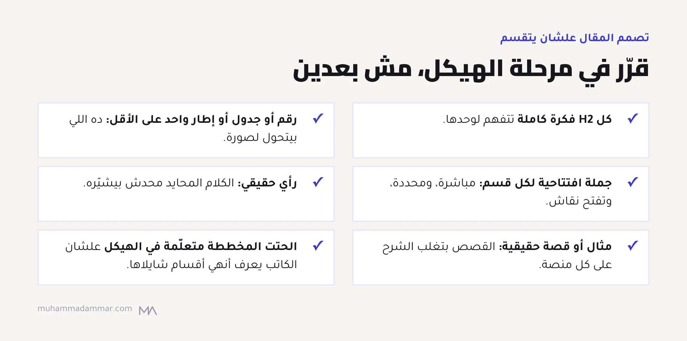 قايمة لكتابة مقال يتعاد استخدامه: أقسام مكتفية بنفسها، ورقم أو إطار واحد على الأقل، وجملة افتتاحية قوية لكل قسم، ورأي حقيقي، وقصة حقيقية، والحتت المخططة متعلّمة في الهيكل.