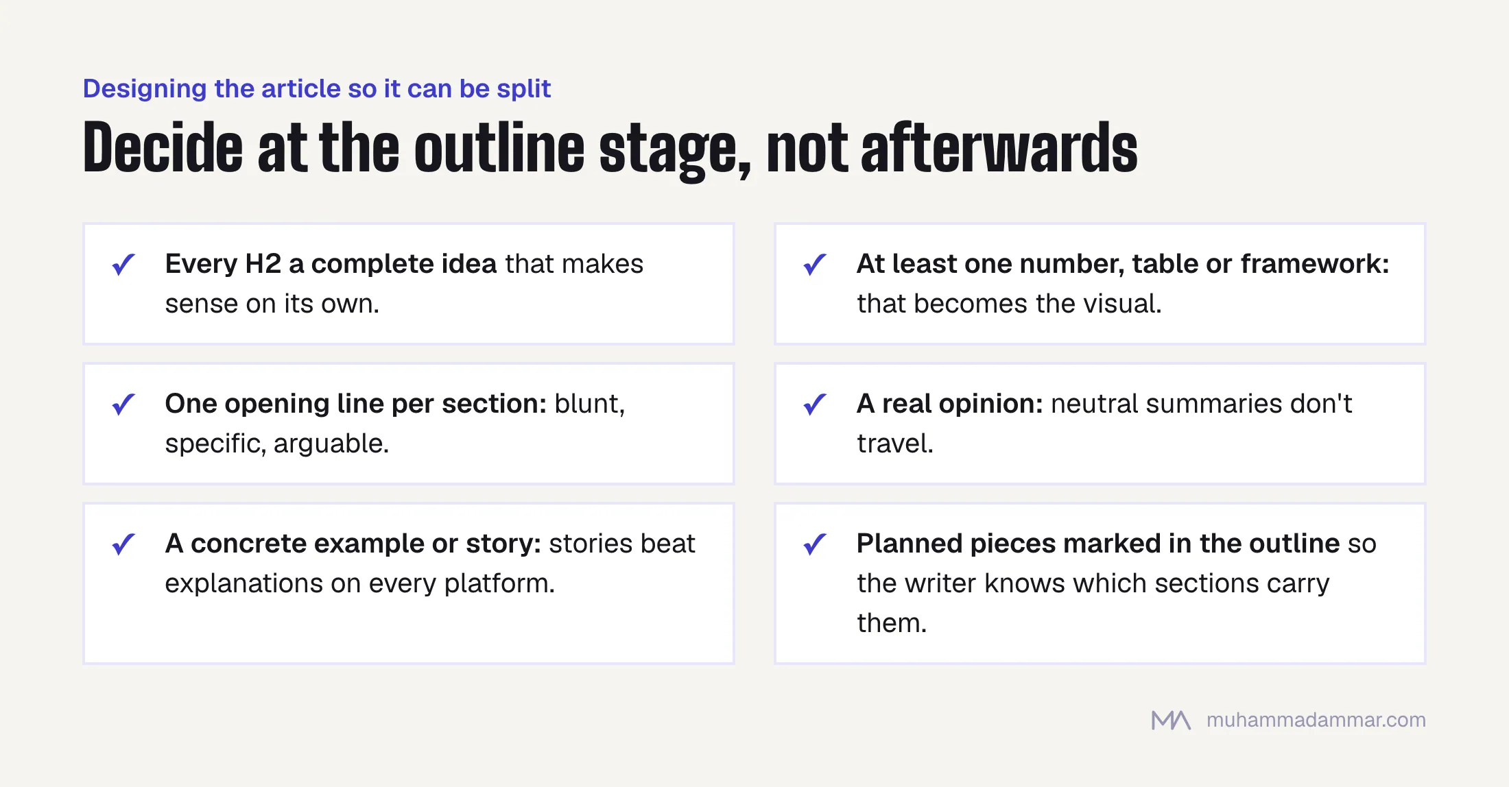 Checklist for writing an article that can be repurposed: self-contained sections, at least one number or framework, a strong opening line per section, a real opinion, a concrete story, and planned pieces marked in the outline.