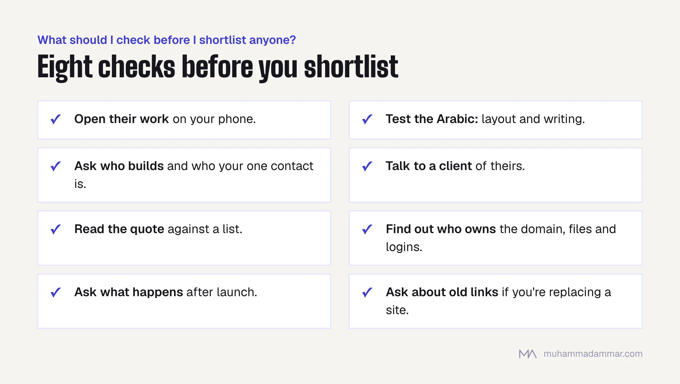 Eight checks before shortlisting a web design company: open their work on your phone, test the Arabic, ask who builds, talk to a client, read the quote against a list, find out who owns what, ask about support after launch, and ask about old links.