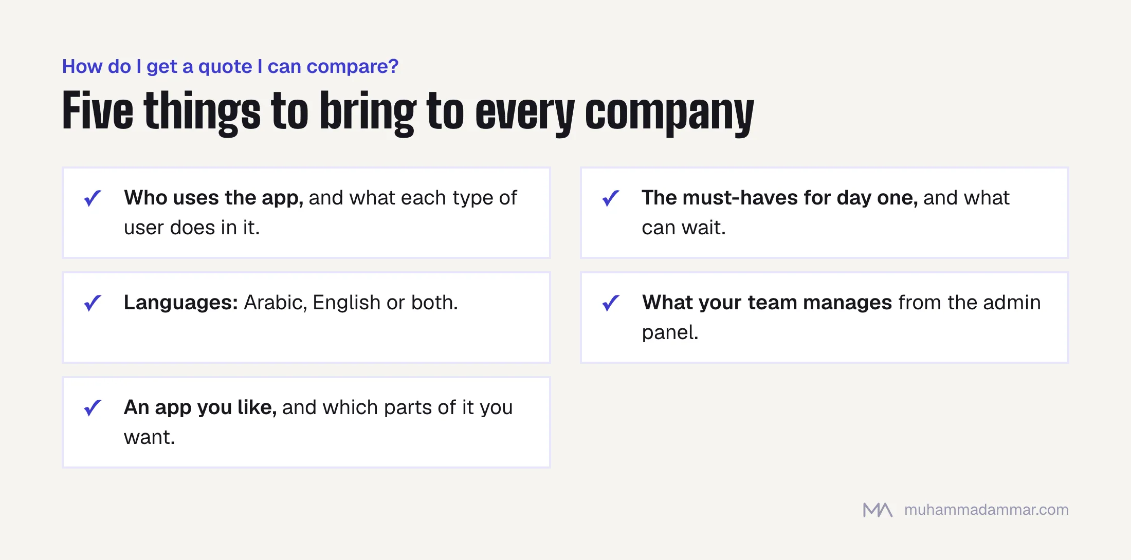 A five-item brief for comparable app quotes: who uses the app, the day-one must-haves, languages, what the admin panel manages, and a reference app.