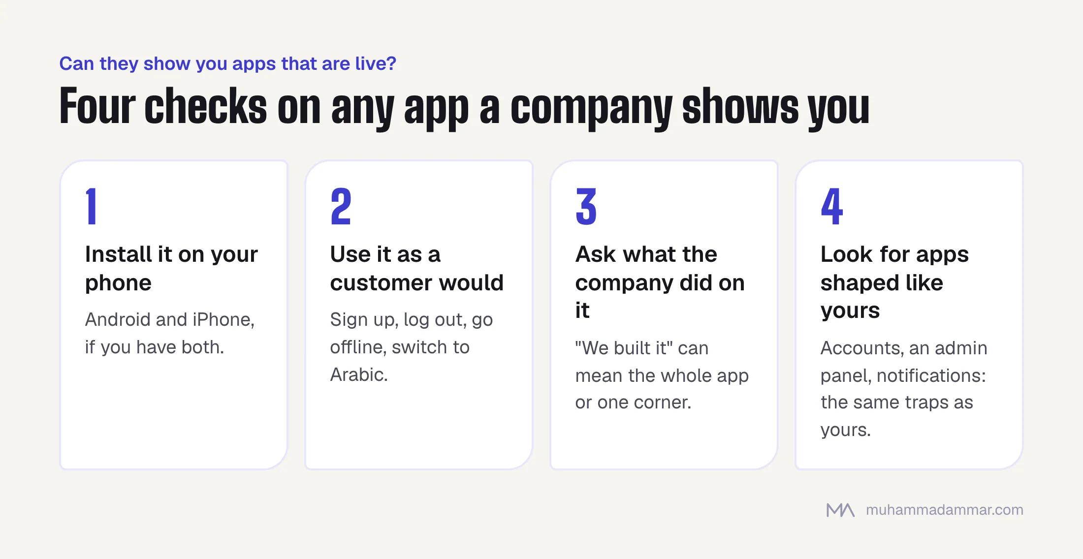 Four checks on a live app a company shows you: install it, use it as a customer, ask what the company itself did, and look for apps shaped like yours.